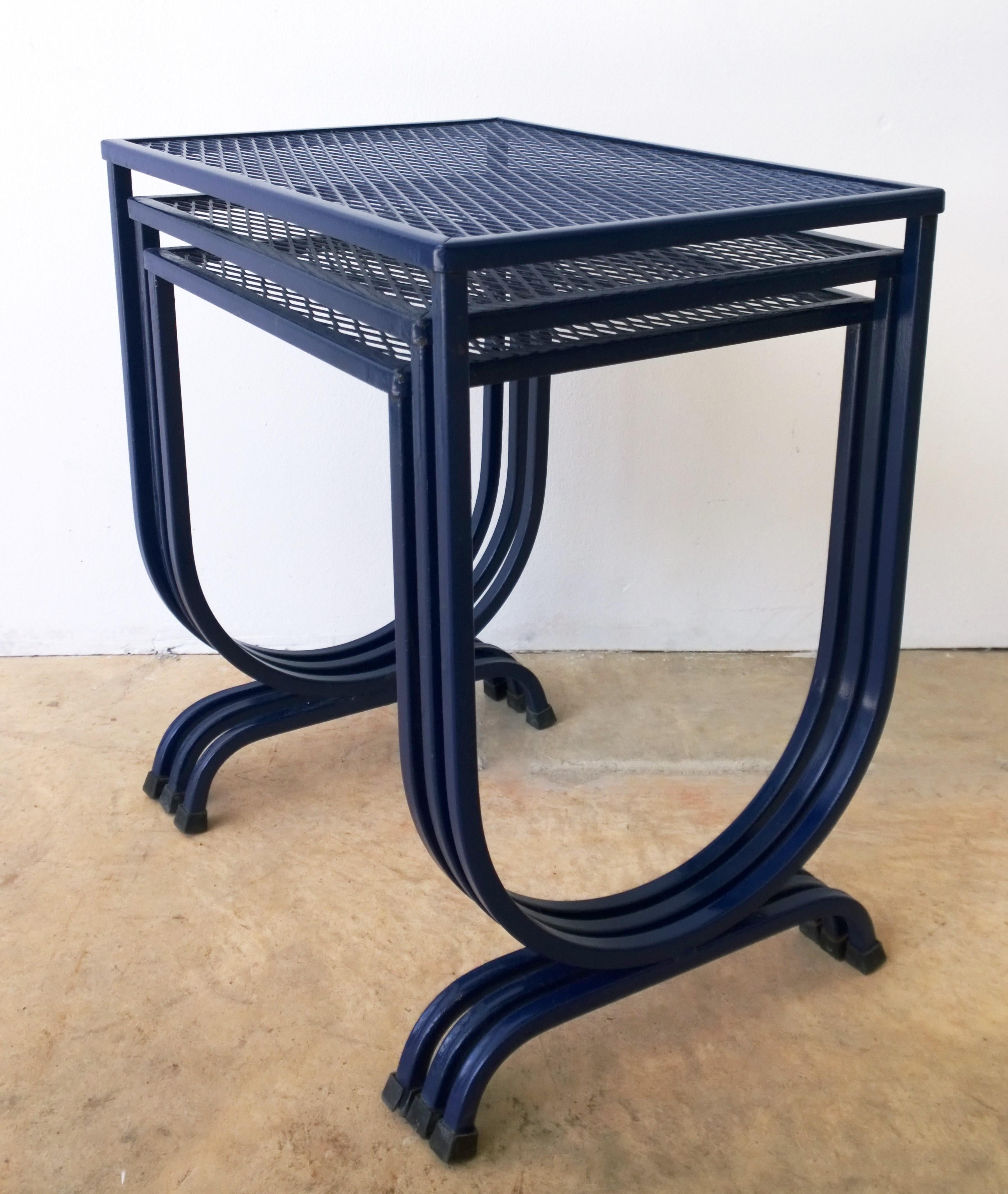 Mid-Century Modern S/3 Salterini Newly Enameled Blue Wrought Iron Patio Stacking / Nesting Tables