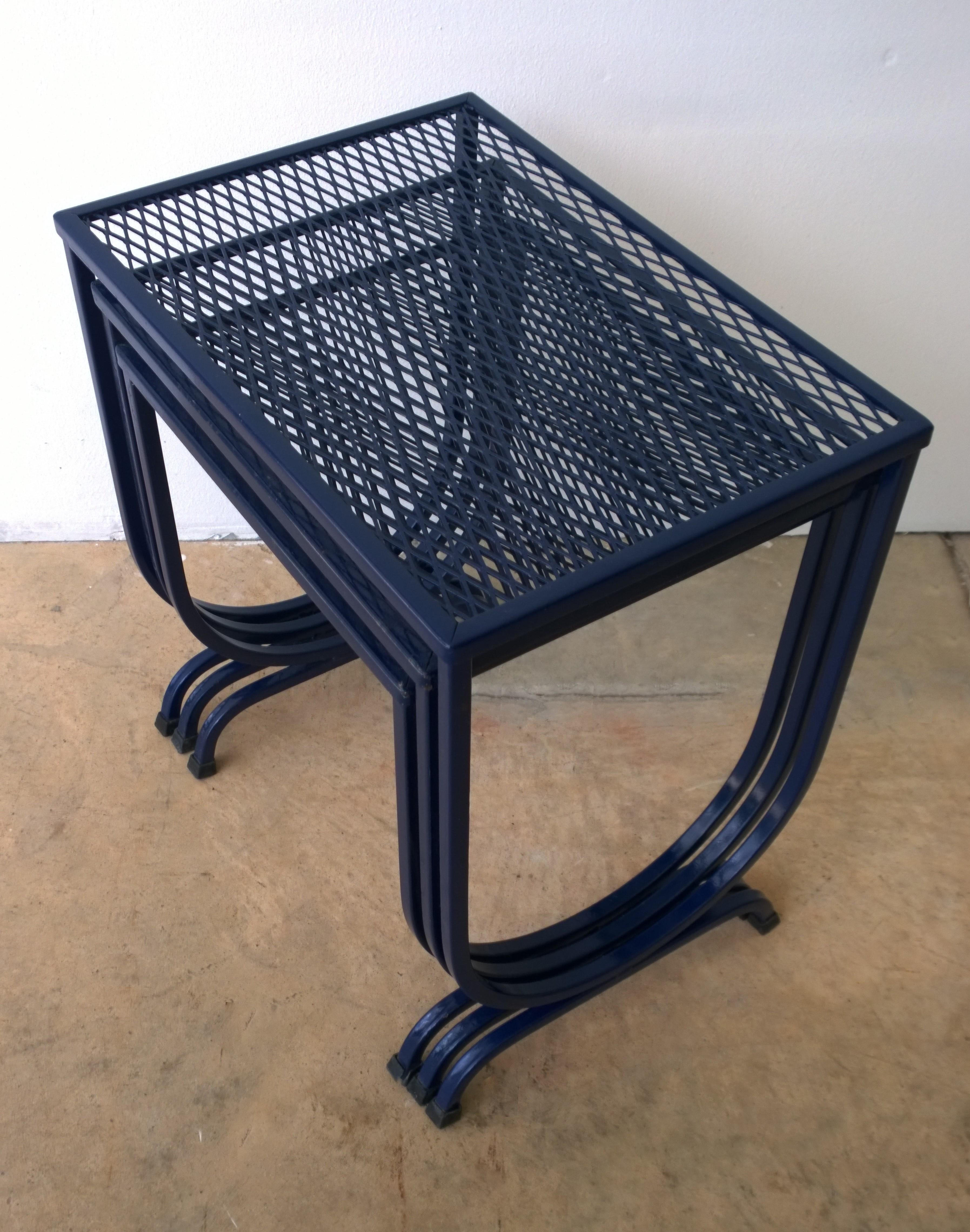 American S/3 Salterini Newly Enameled Blue Wrought Iron Patio Stacking / Nesting Tables