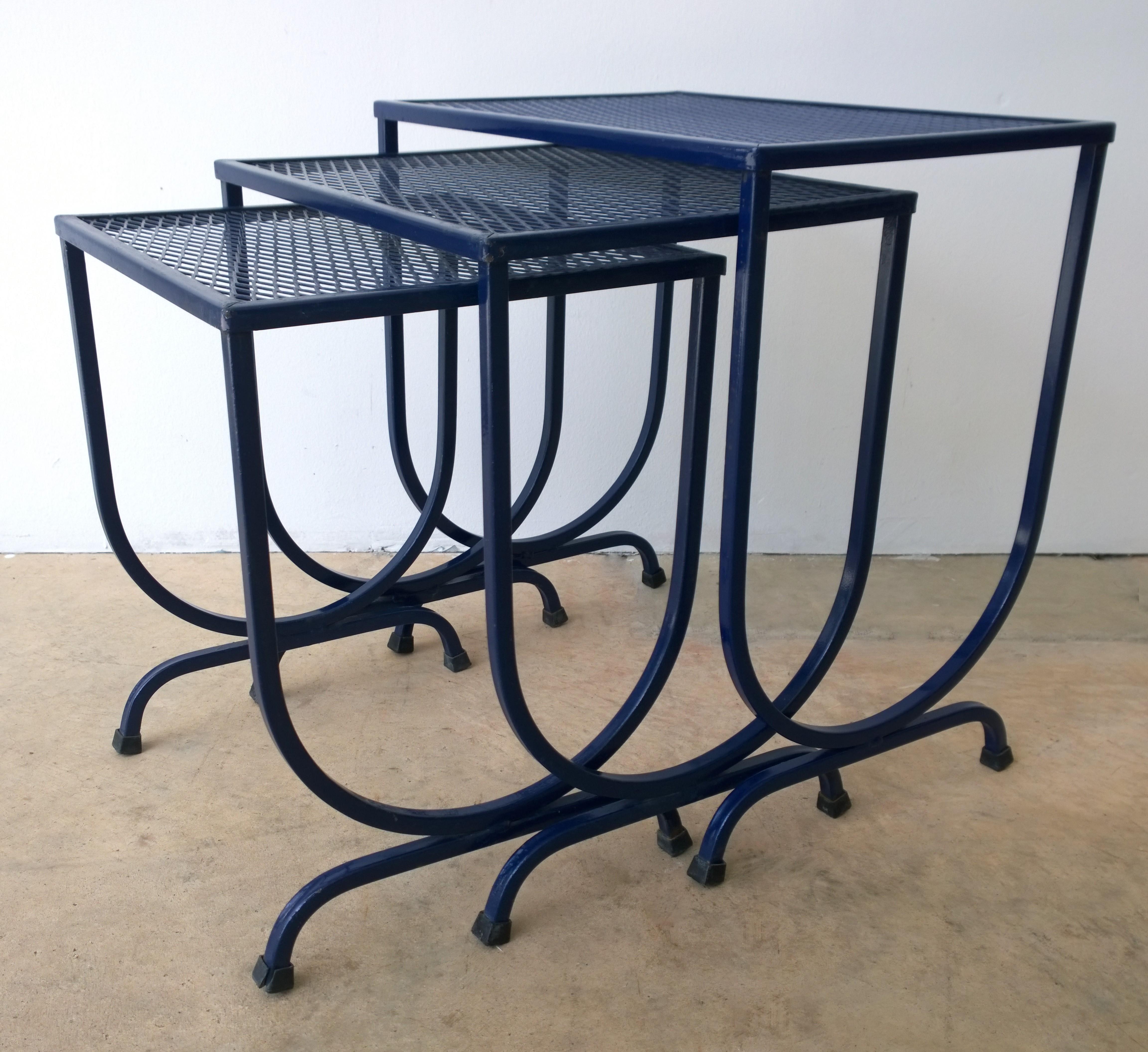 S/3 Salterini Newly Enameled Blue Wrought Iron Patio Stacking / Nesting Tables 1