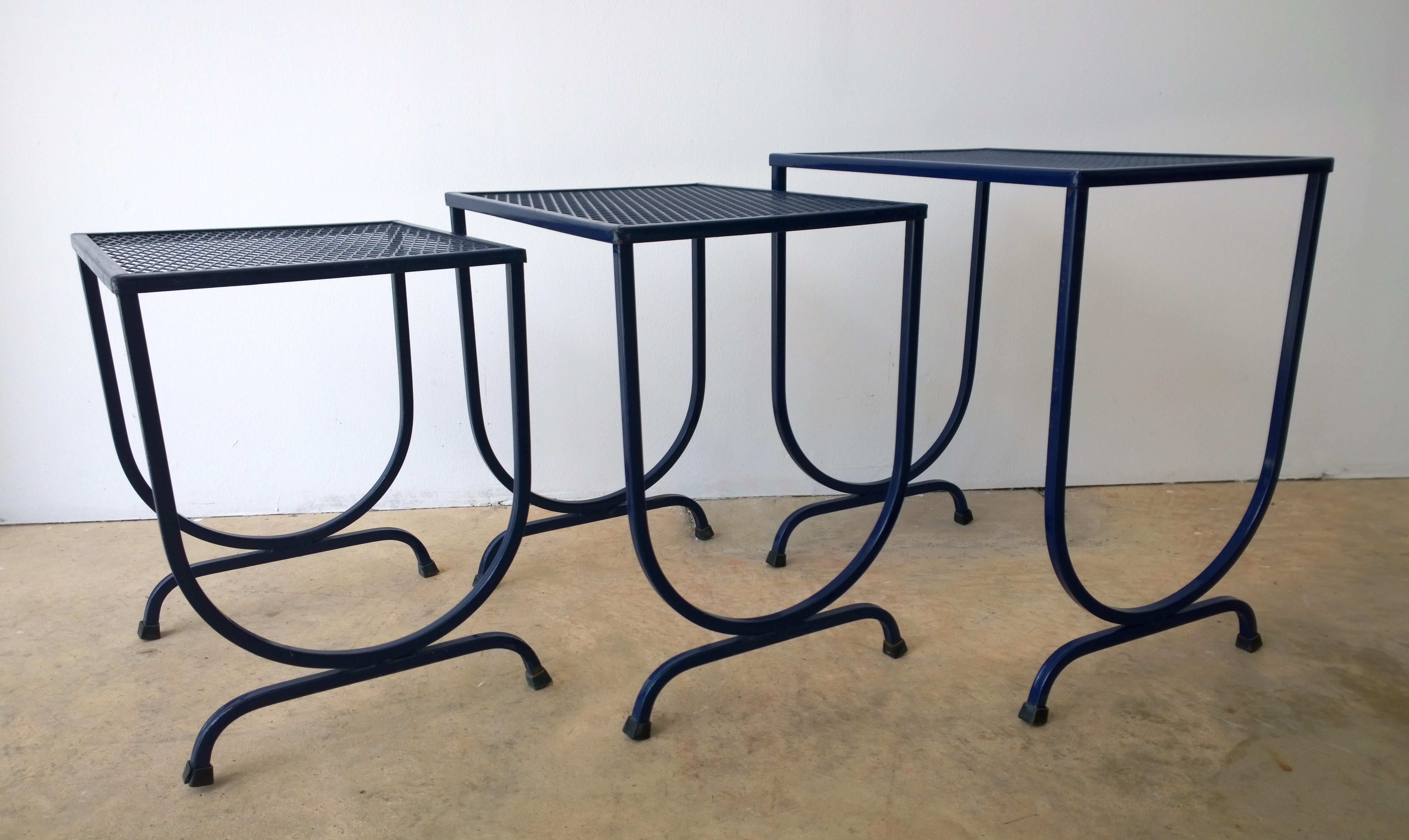 S/3 Salterini Newly Enameled Blue Wrought Iron Patio Stacking / Nesting Tables 3
