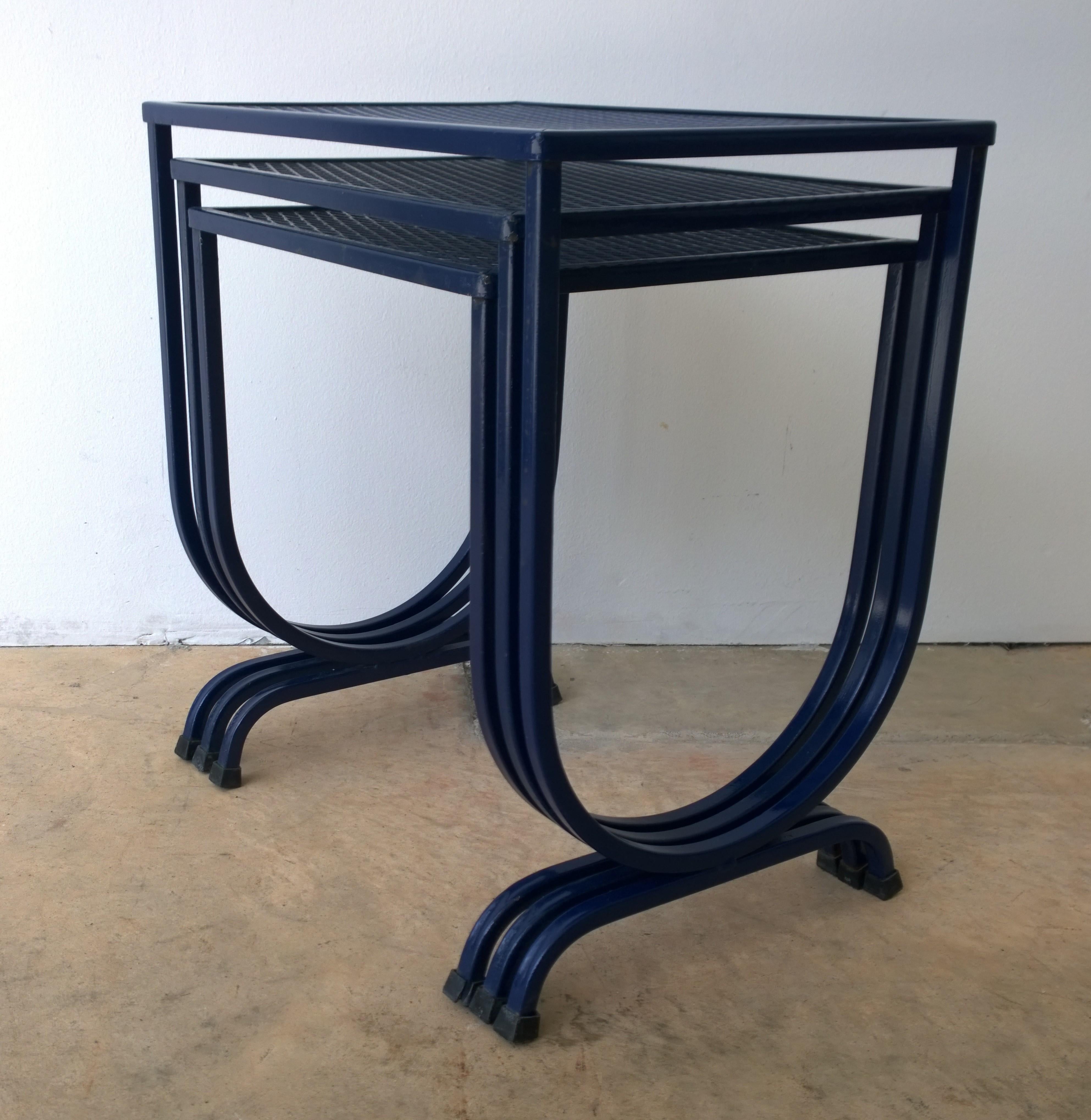 20th Century S/3 Salterini Newly Enameled Blue Wrought Iron Patio Stacking / Nesting Tables