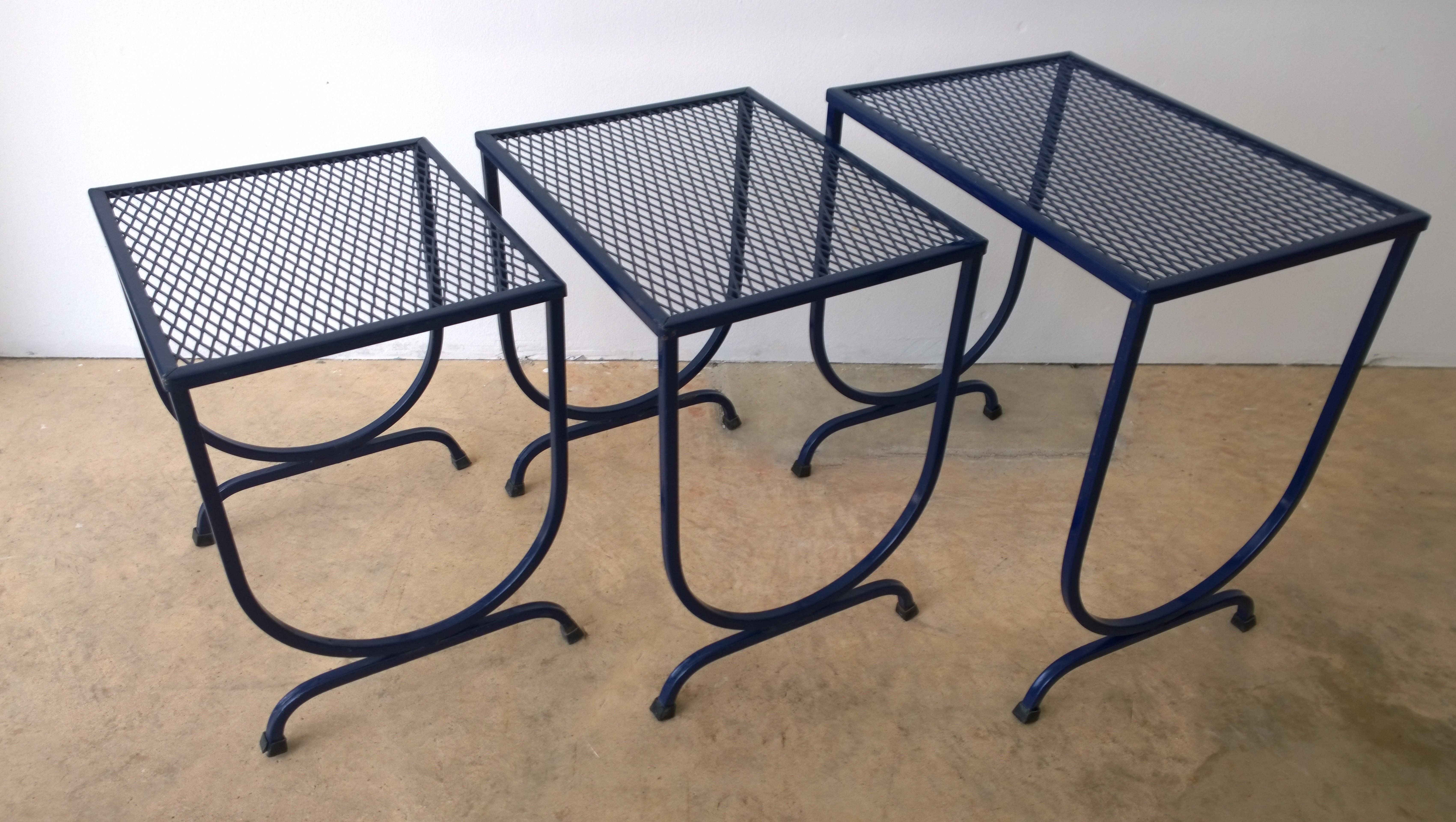 S/3 Salterini Newly Enameled Blue Wrought Iron Patio Stacking / Nesting Tables 4