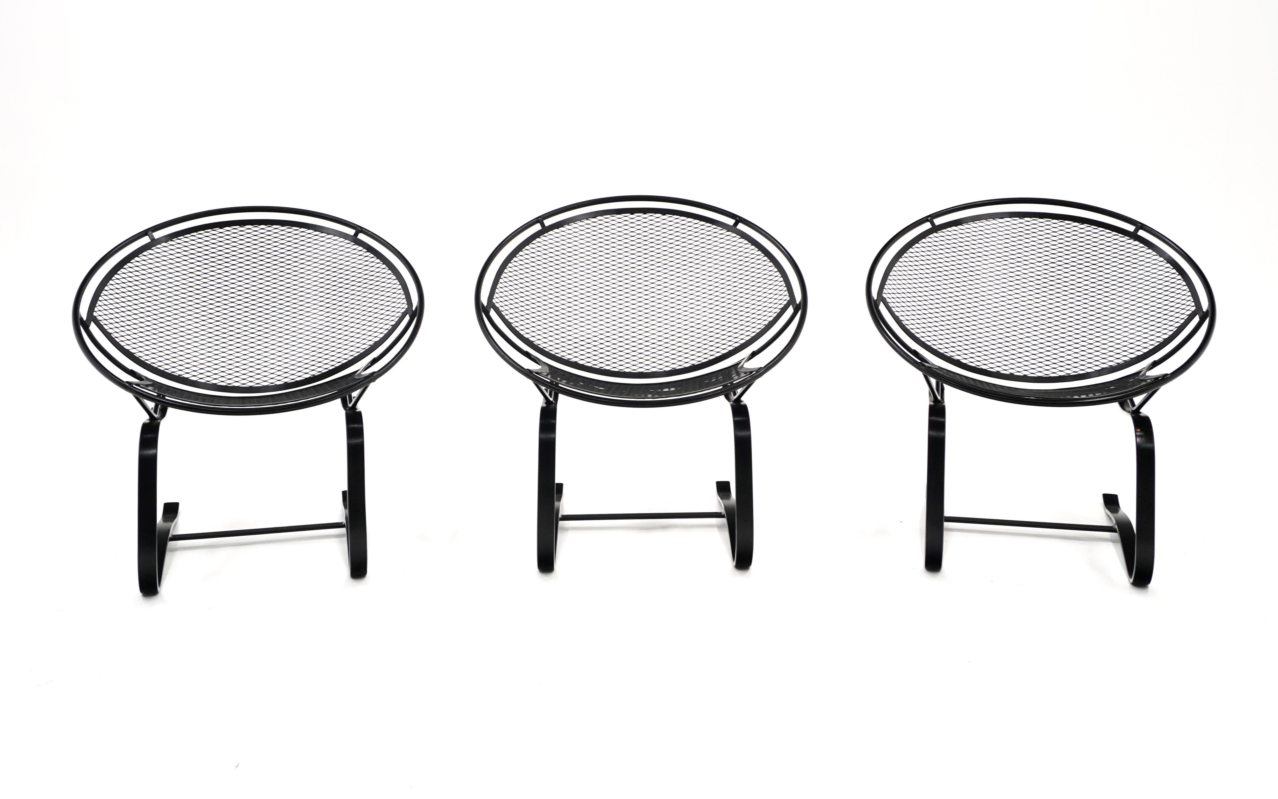 Three Salterini round rocking outdoor / pool / patio chairs. Professionally media blasted and powder coated in a satin black finish. Ready to use. Price is for each.