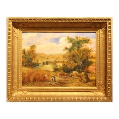 Naturalistic Wheat Harvest Landscape Painting of Gleaners in a Field