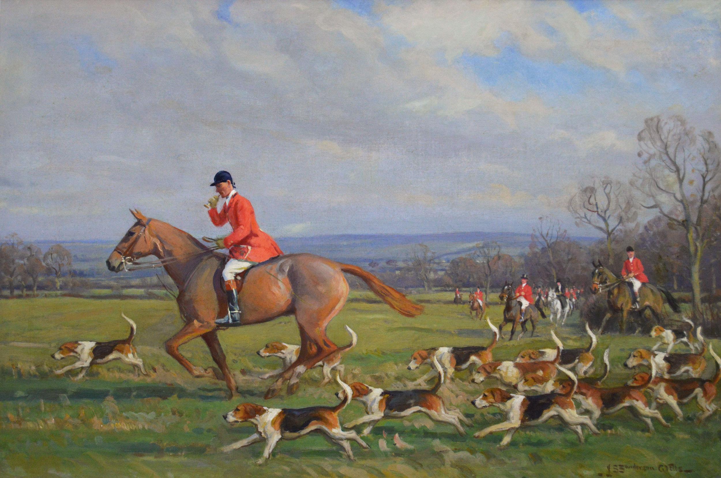 Óleo deportivo de un cazador y sabuesos - Painting de John Sanderson Wells