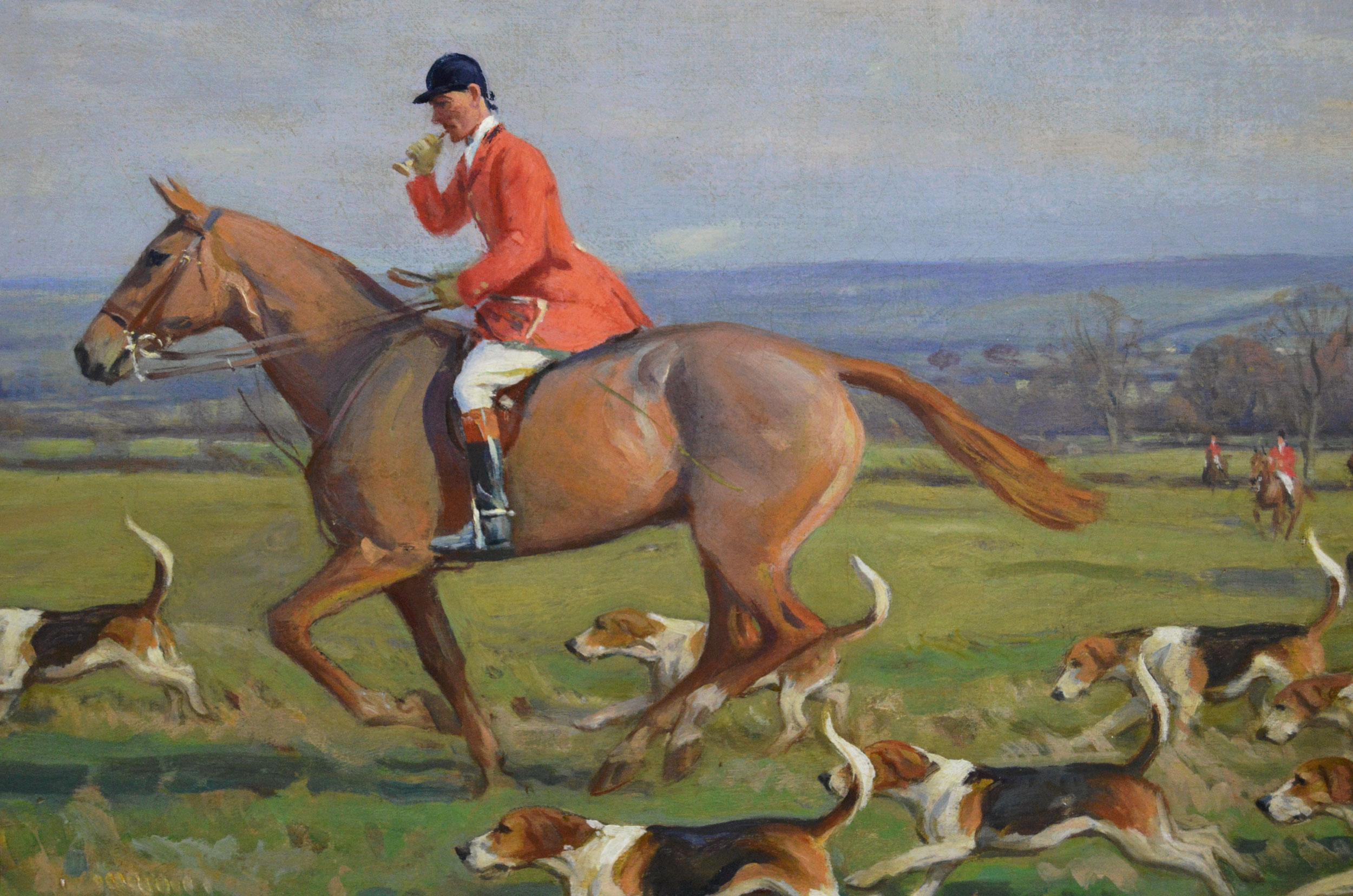 Óleo deportivo de un cazador y sabuesos - Painting Victoriano de John Sanderson Wells