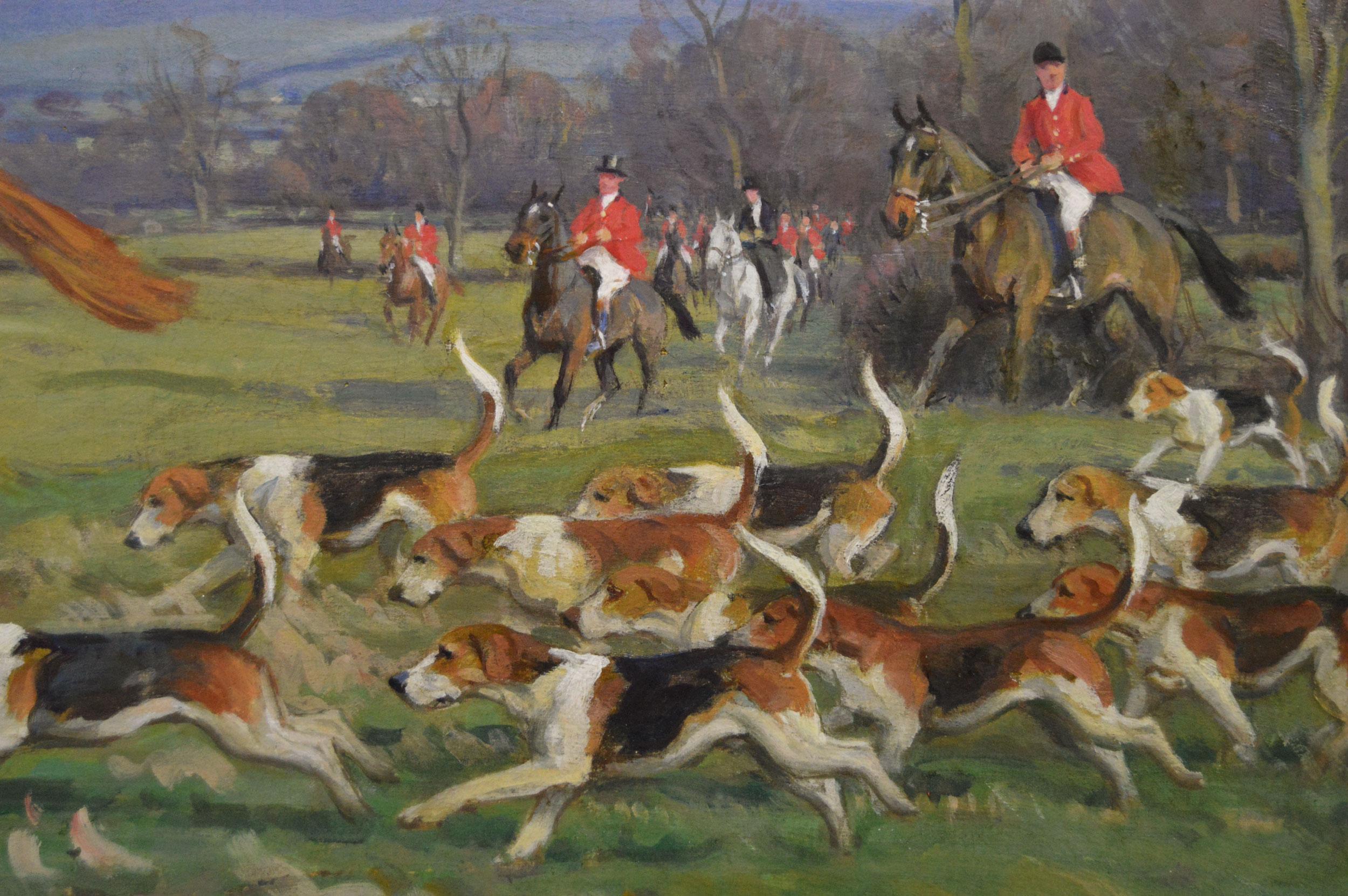 Óleo deportivo de un cazador y sabuesos - Figurative Painting Marrón de John Sanderson Wells