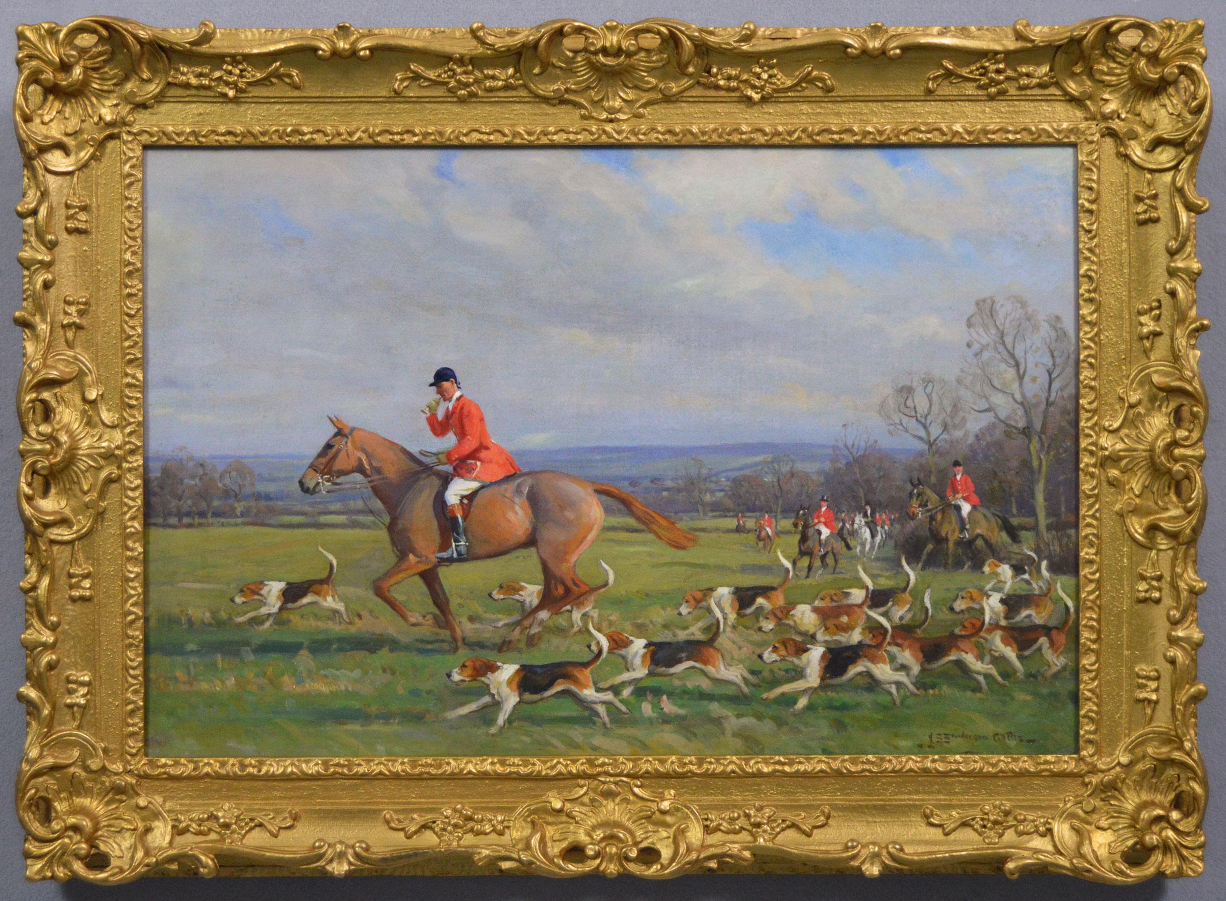 Figurative Painting de John Sanderson Wells - Óleo deportivo de un cazador y sabuesos