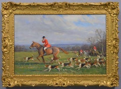 Quadro ad olio sportivo di un cacciatore e dei cani da caccia