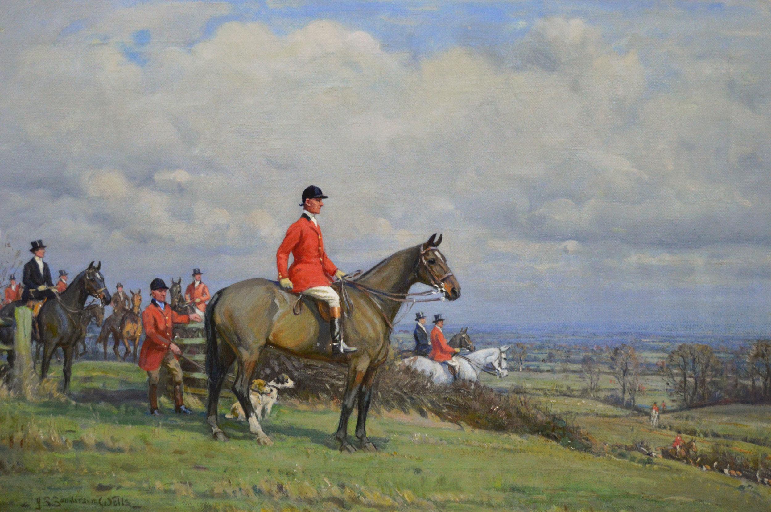 Peinture à l'huile sportive de chasseurs et de chiens courants - Painting de John Sanderson Wells