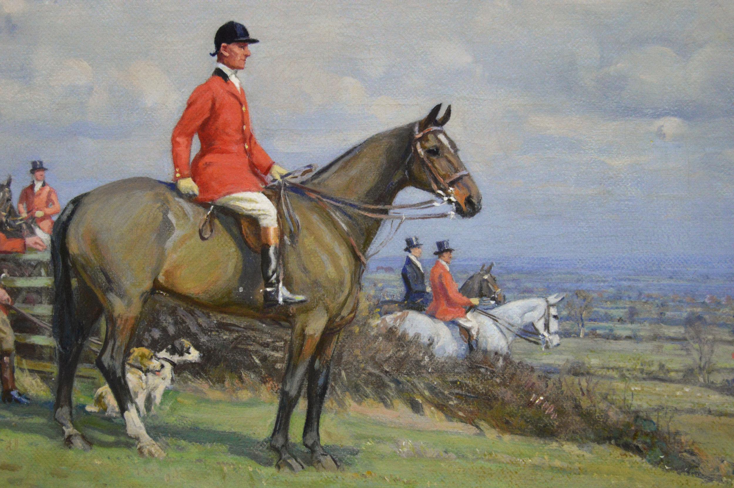 Peinture à l'huile sportive de chasseurs et de chiens courants - Victorien Painting par John Sanderson Wells