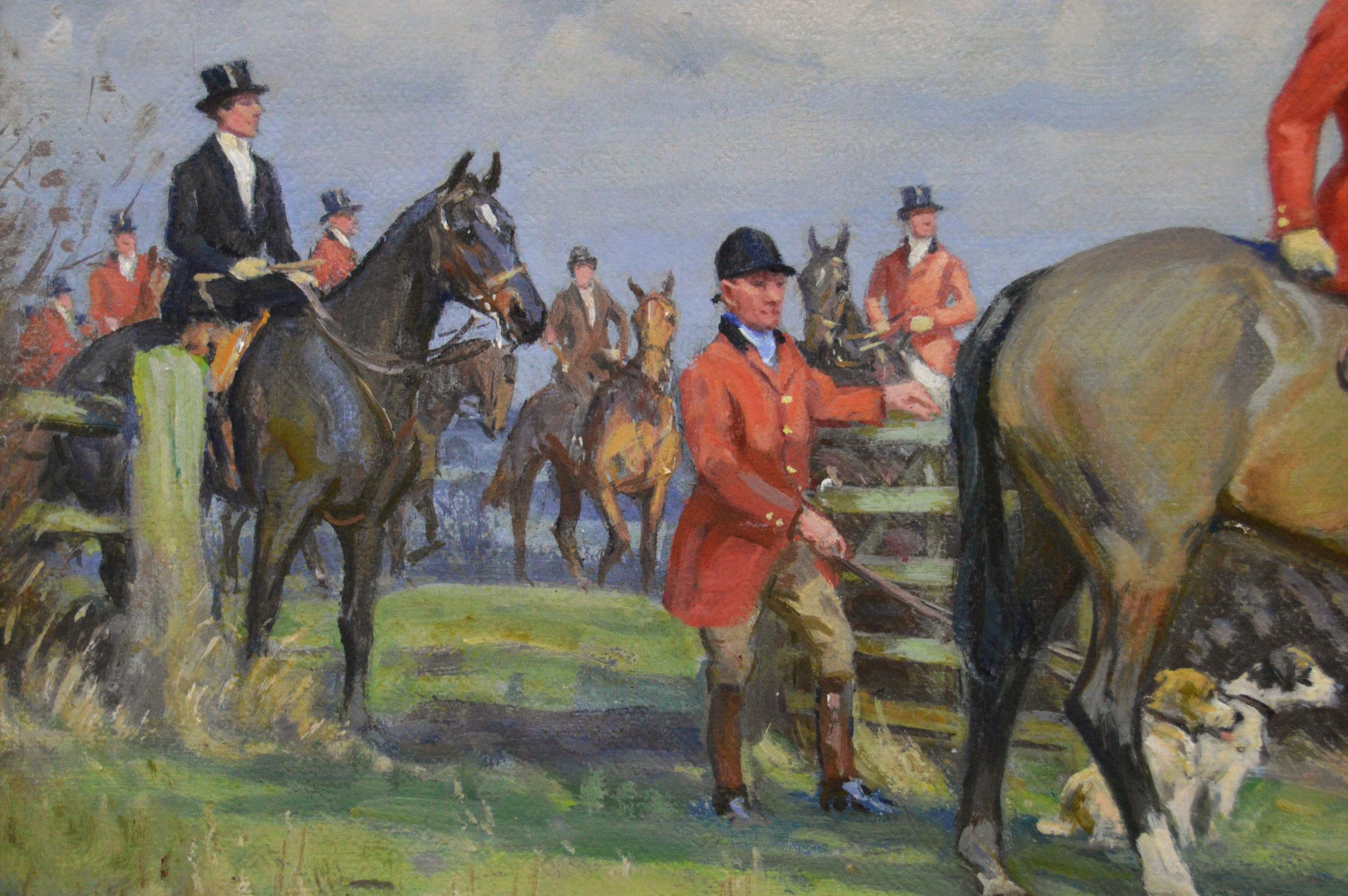 Peinture à l'huile sportive de chasseurs et de chiens courants - Marron Figurative Painting par John Sanderson Wells