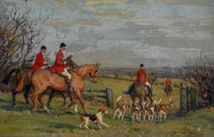 Fine Antique English Sporting Oil Painting Hunting Scene with Riders and Hounds