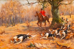 Fox Hunt in an Autumn Woodland by J. Sanderson-Wells, British Sporting Oil Paint