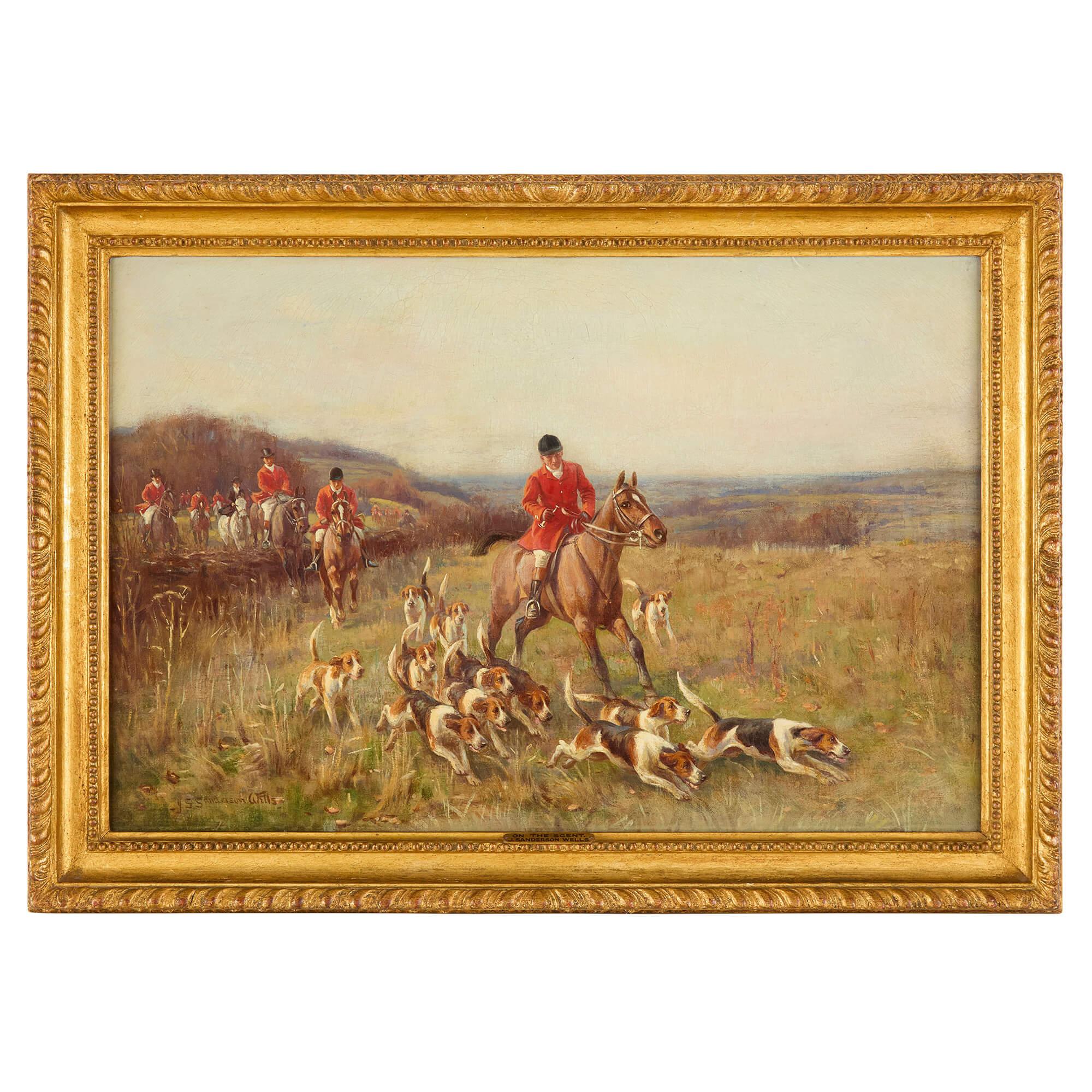 Set Four Antique English Oil Paintings Equestrian Horses Hunting Sanderson-Wells - Brown Figurative Painting by John Sanderson-Wells
