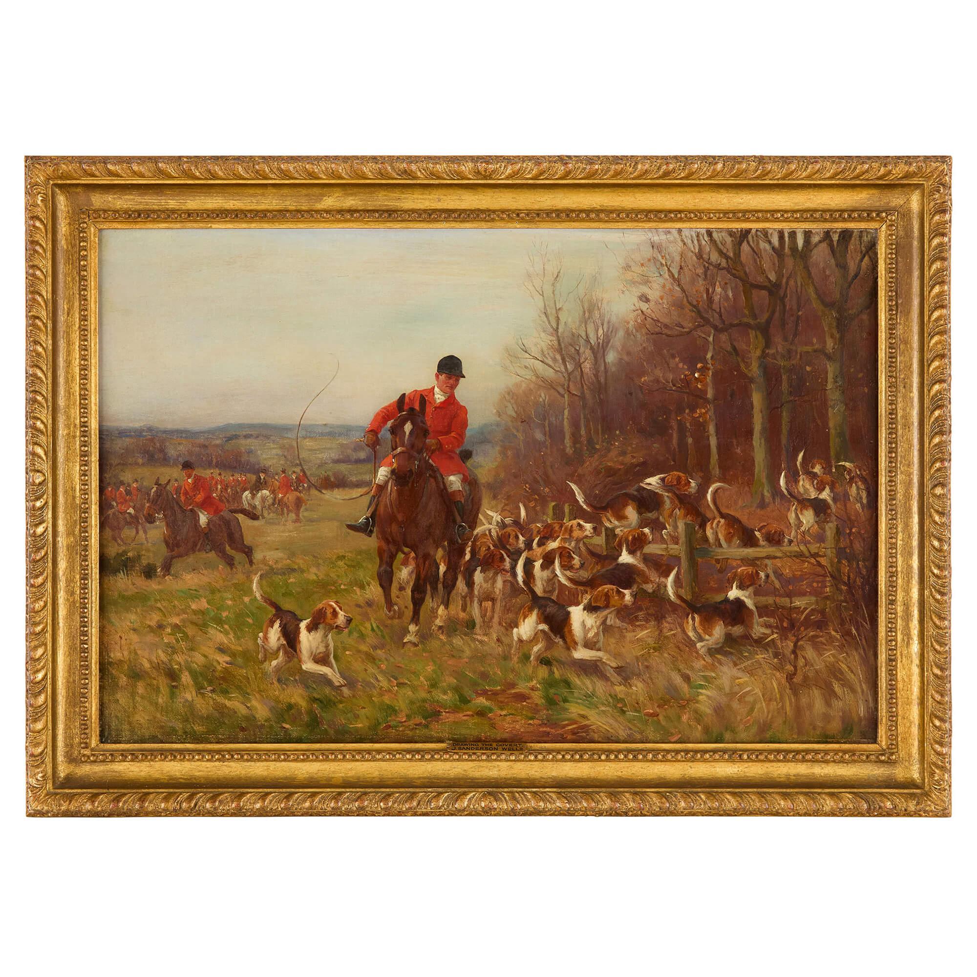 Set Four Antique English Oil Paintings Equestrian Horses Hunting Sanderson-Wells 
British, c. 1900
Canvas: Height 41cm, width 62cm
Frame: Height 51cm, width 71cm, depth 4cm

This captivating suite of four oil paintings was created by British artist