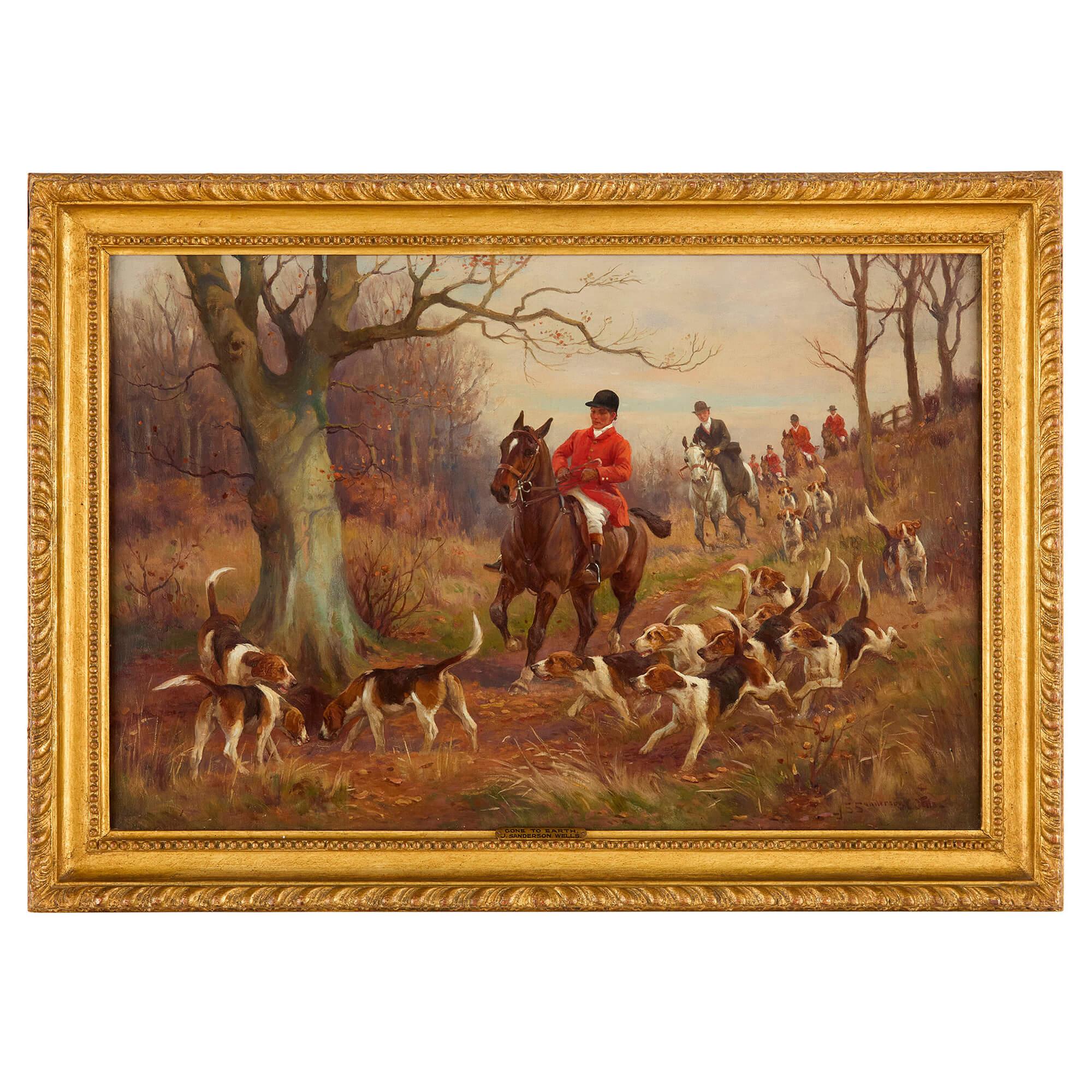 Set Four Antique English Oil Paintings Equestrian Horses Hunting Sanderson-Wells For Sale 1