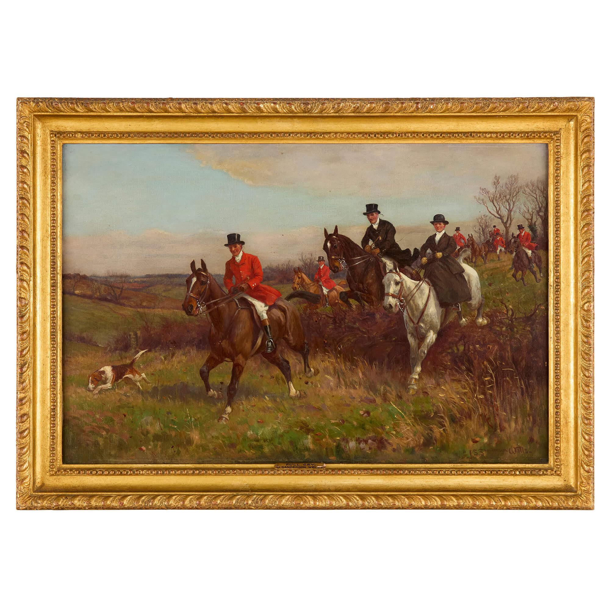 Set Four Antique English Oil Paintings Equestrian Horses Hunting Sanderson-Wells For Sale 2