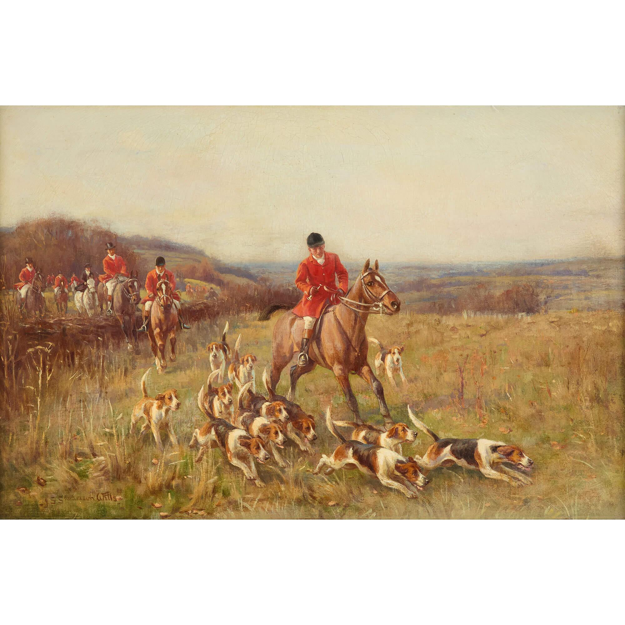 Set Four Antique English Oil Paintings Equestrian Horses Hunting Sanderson-Wells For Sale 3