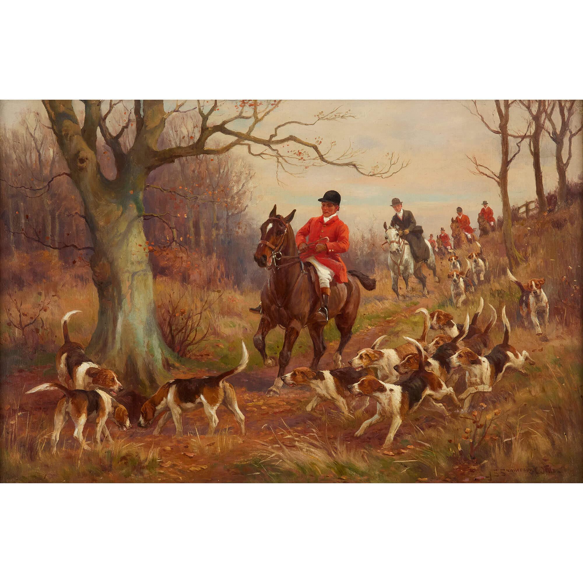 Set Four Antique English Oil Paintings Equestrian Horses Hunting Sanderson-Wells For Sale 4