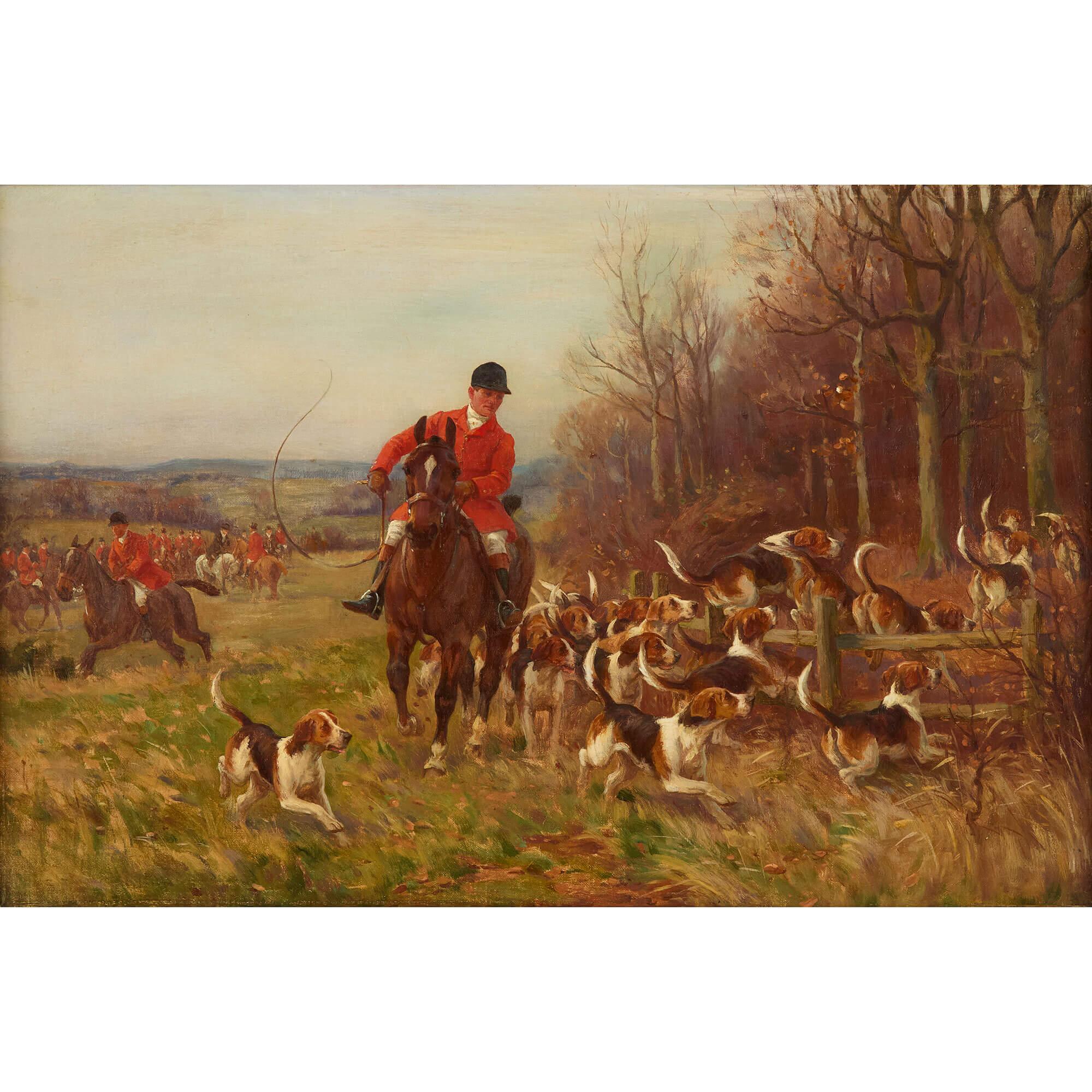 Set Four Antique English Oil Paintings Equestrian Horses Hunting Sanderson-Wells For Sale 5