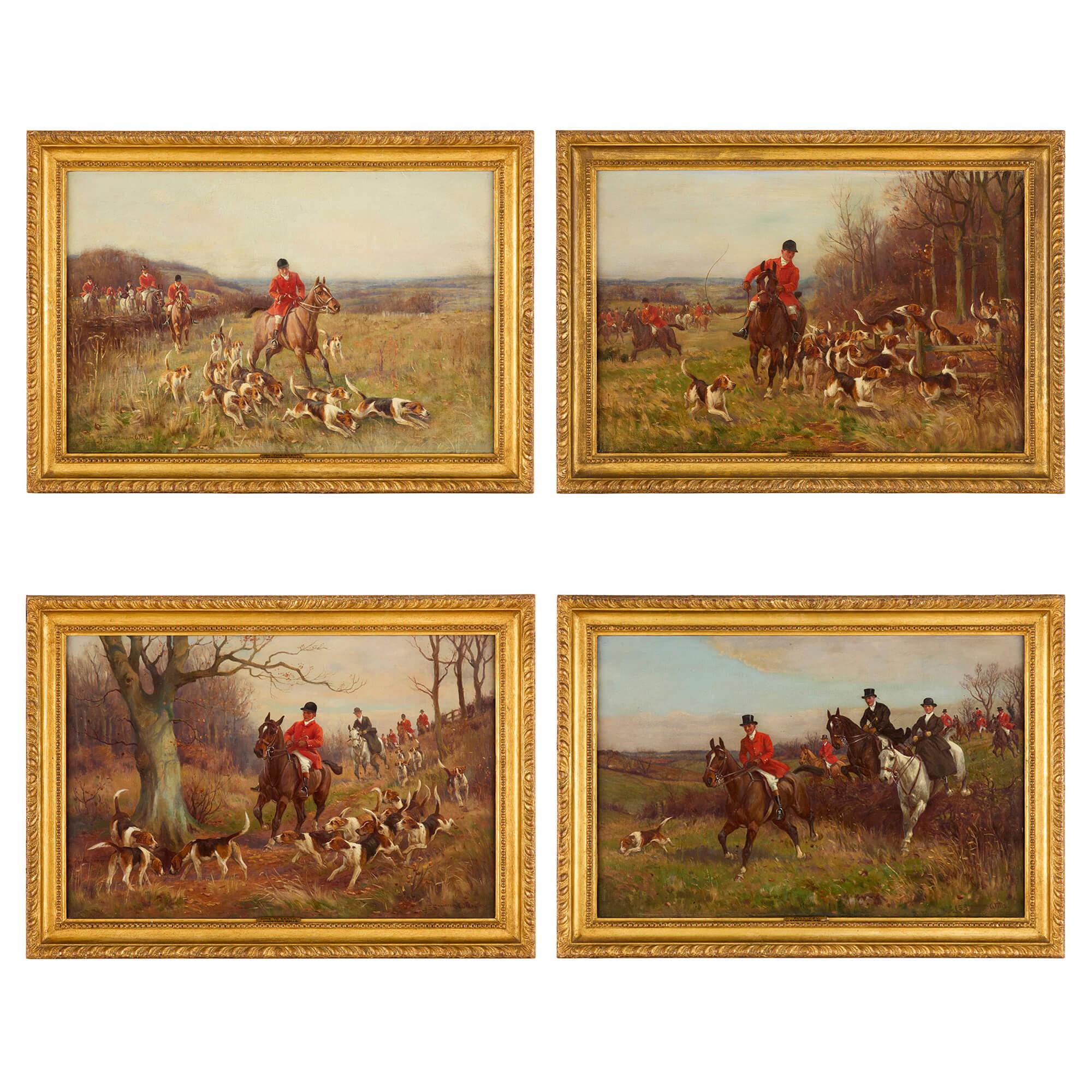 John Sanderson-Wells Figurative Painting - Set Four Antique English Oil Paintings Equestrian Horses Hunting Sanderson-Wells