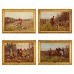 Set Four Antique English Oil Paintings Equestrian Horses Hunting Sanderson-Wells