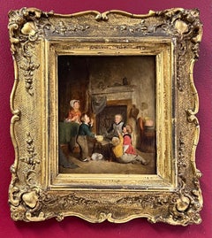 Peinture à l'huile britannique du début de l'ère victorienne, enfants soufflant des bulles, intérieur d'un cottage