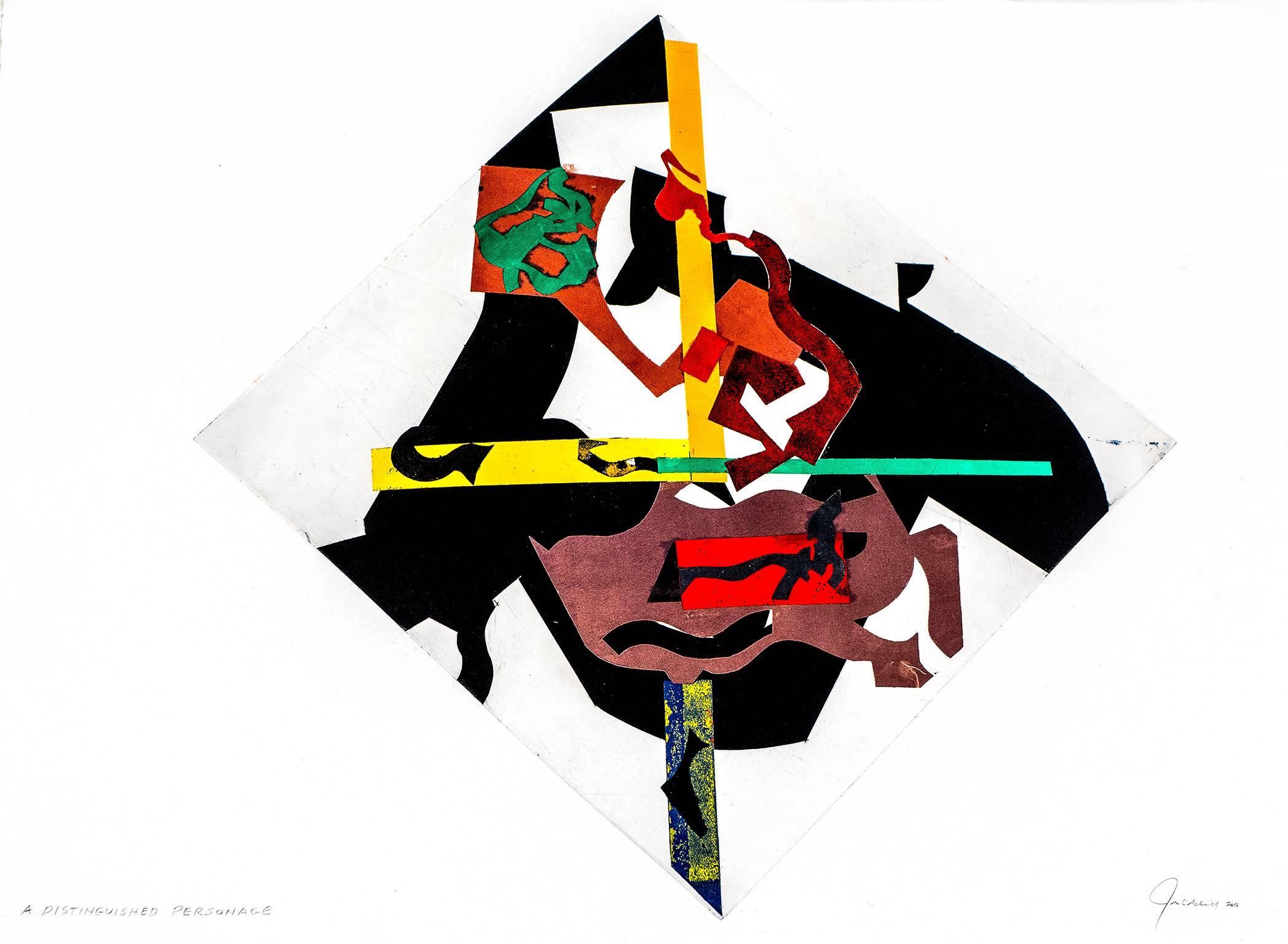 "A Distinguished Personage", abstract monotype, modernist, black, green, yellow. - Print by John Schiff