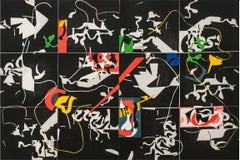 An Accumulation of Energy, large abstract geometric monoprint, black, red, blue.