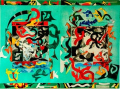 "Fresh Wind", large abstract geometric monoprint, sea green, red orange, blue.