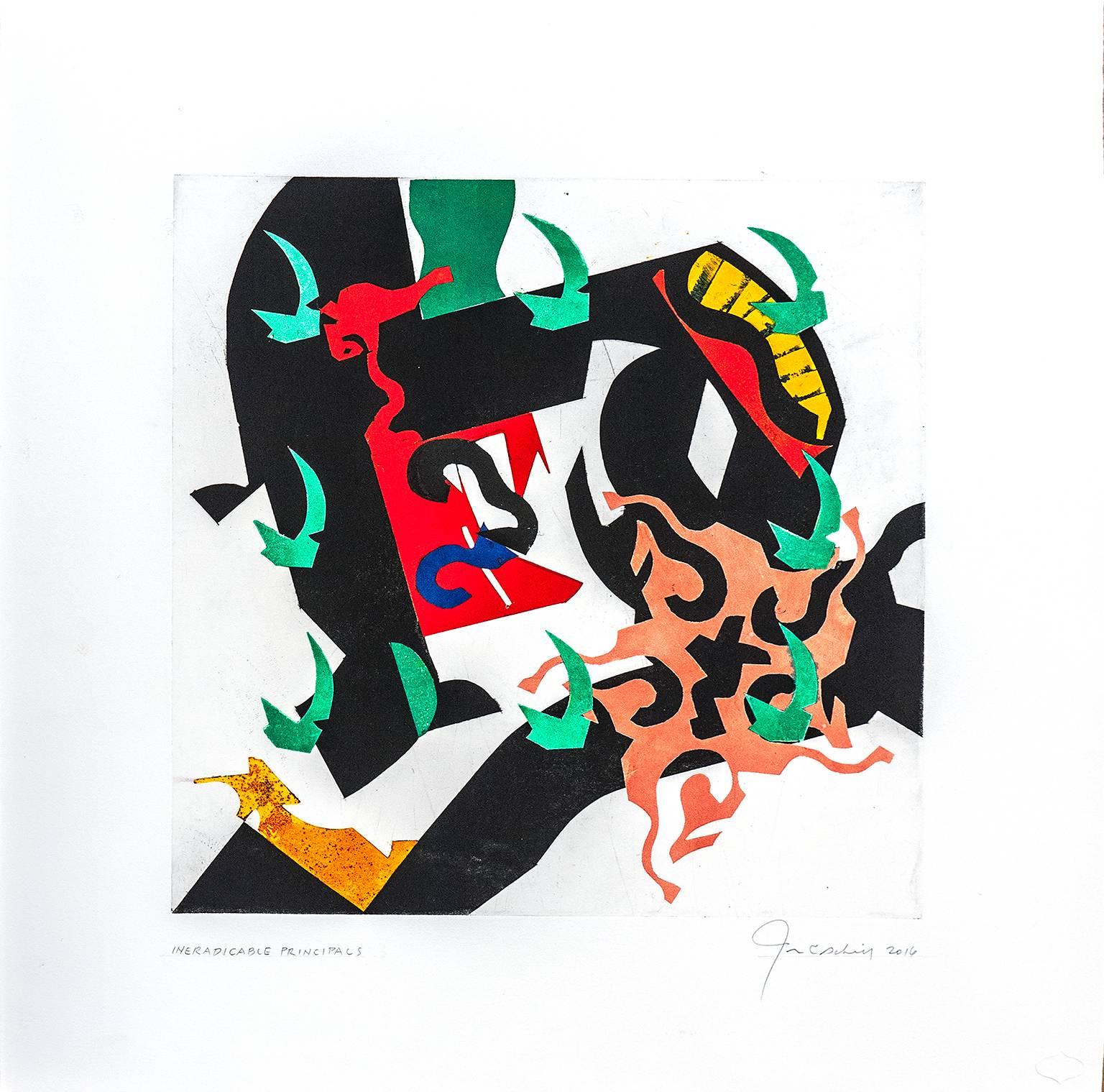 John Schiff Abstract Print - "Ineradicable Principals", abstract modernist monoprint, black, green, yellow.