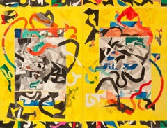 Laughing Guardedly, large abstract geometric print, yellow, red, green, black.