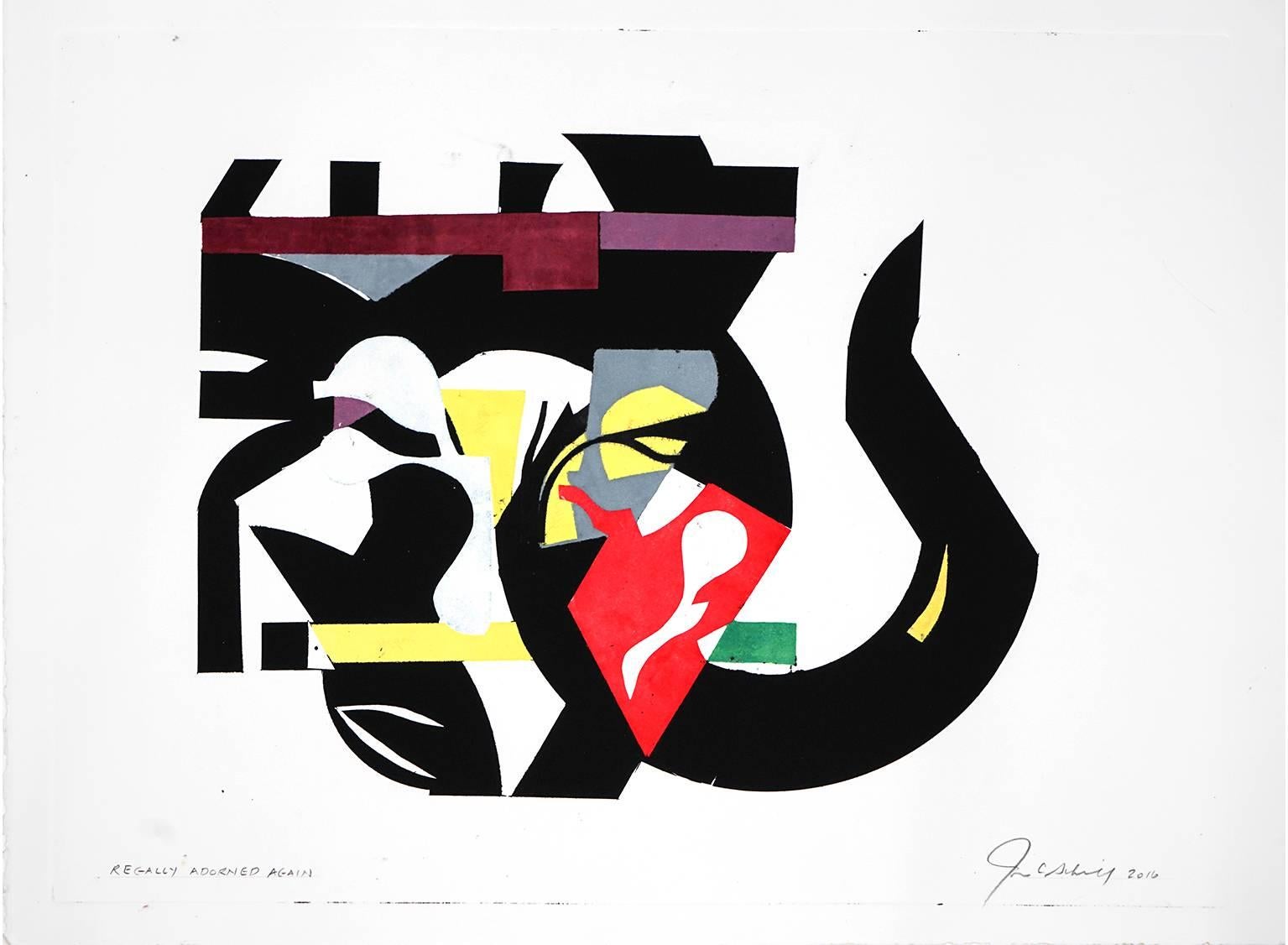 John Schiff Abstract Print - "Regally Adorned Again", abstract Modernist monoprint, black, red, yellow.