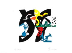 "Shrewd Sense", abstract monoprint, geometric, black, green, yellow, blue, red.