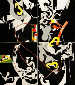 "Slow Grace", abstract Modernist print, geometric, black, white, green, yellow.