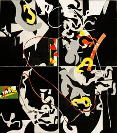 "Slow Grace", modern abstract, geometric aquatint monoprint, black, yellow, red.