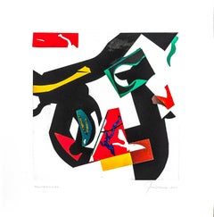 "Thenceforth", abstract Modernist monoprint, geometric, black, green, yellow.