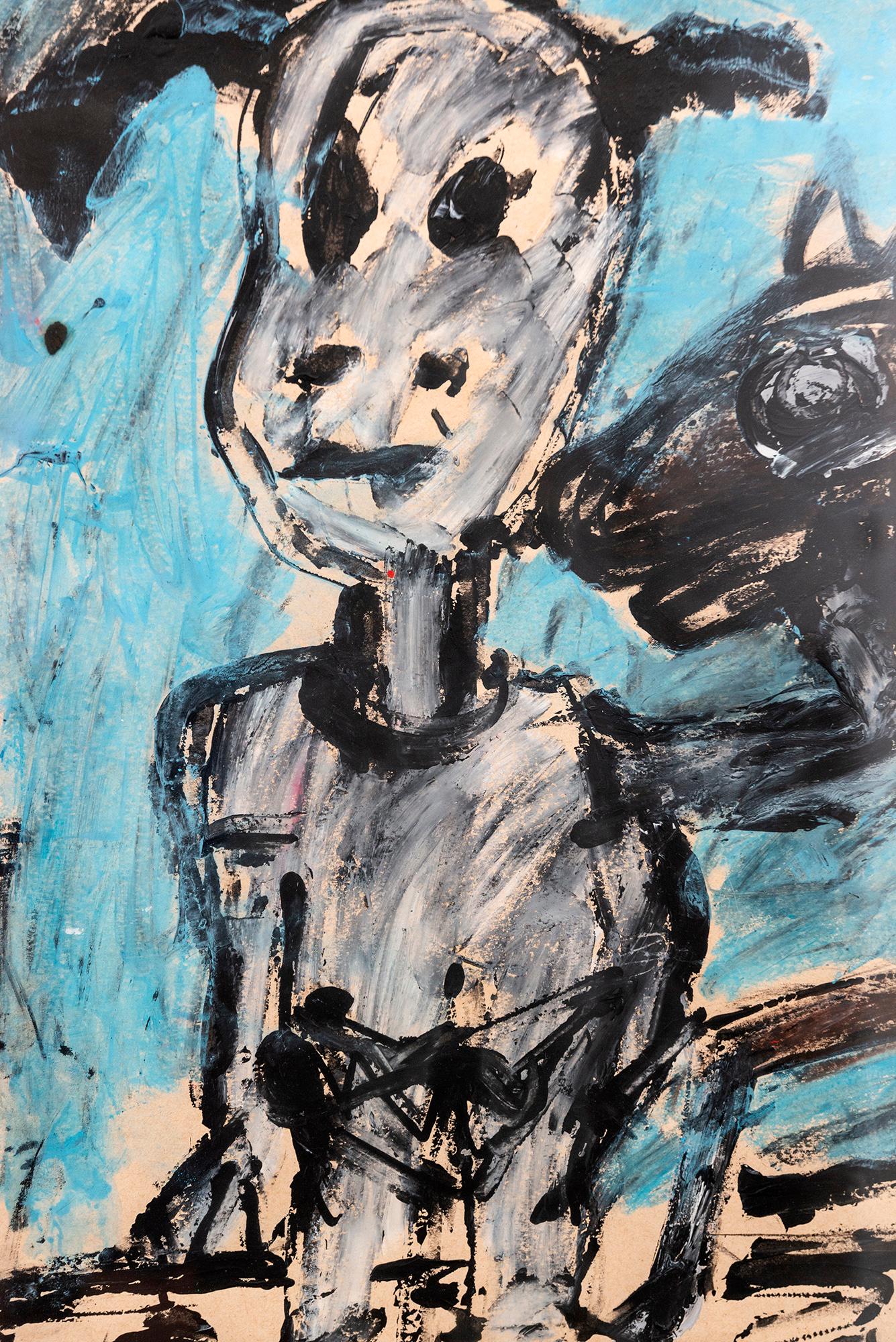 Don Quichotte - figuratif, contemporain, dystopique, acrylique sur papier - Noir Figurative Painting par John Scott