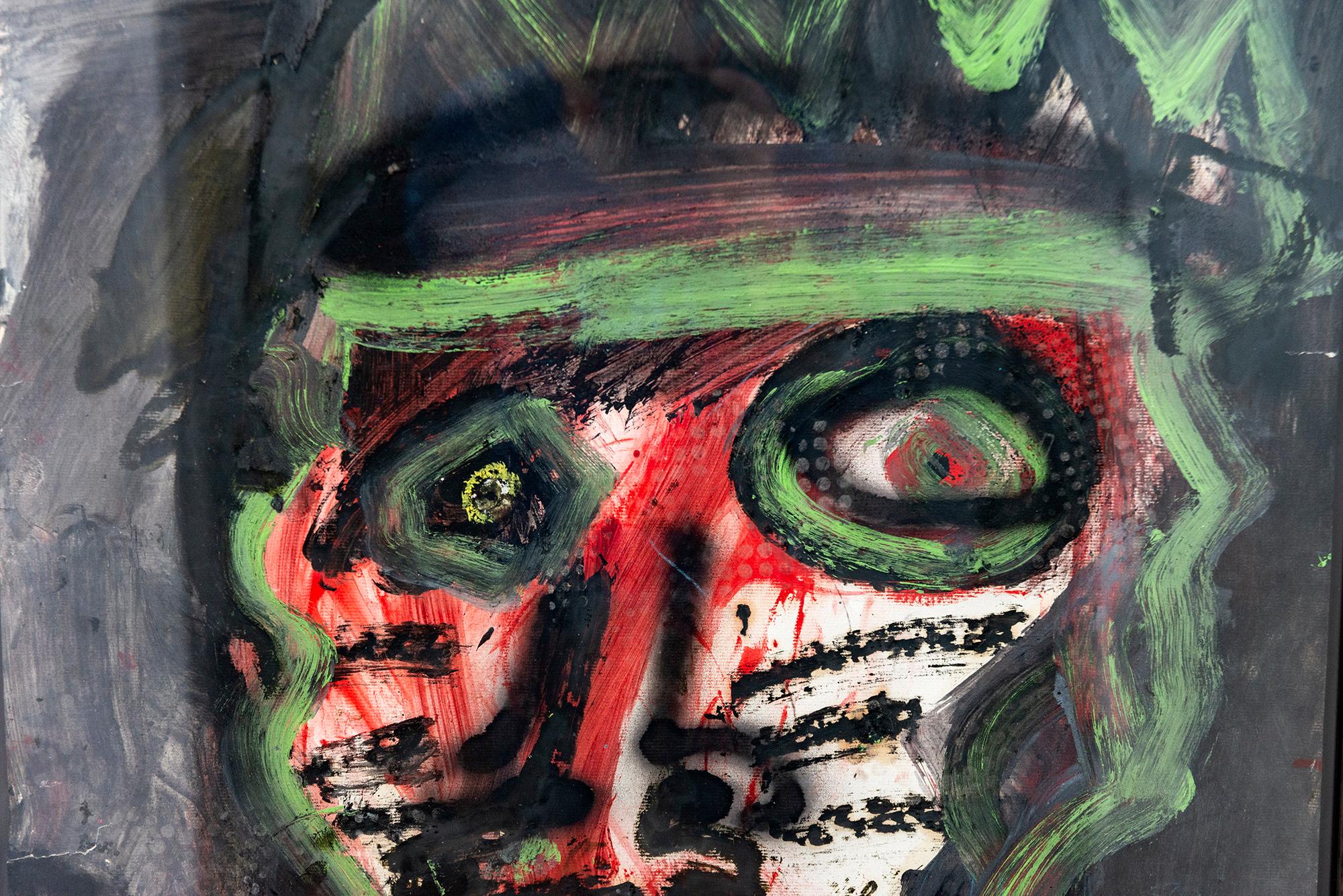 This contemporary acrylic painting is a graffiti-style portrait by John Scott.

The raw, dark and powerful imagery of multimedia artist John Scott had a big impact on Canadian art. The Toronto-based artist drew, painted and re-imagined existing