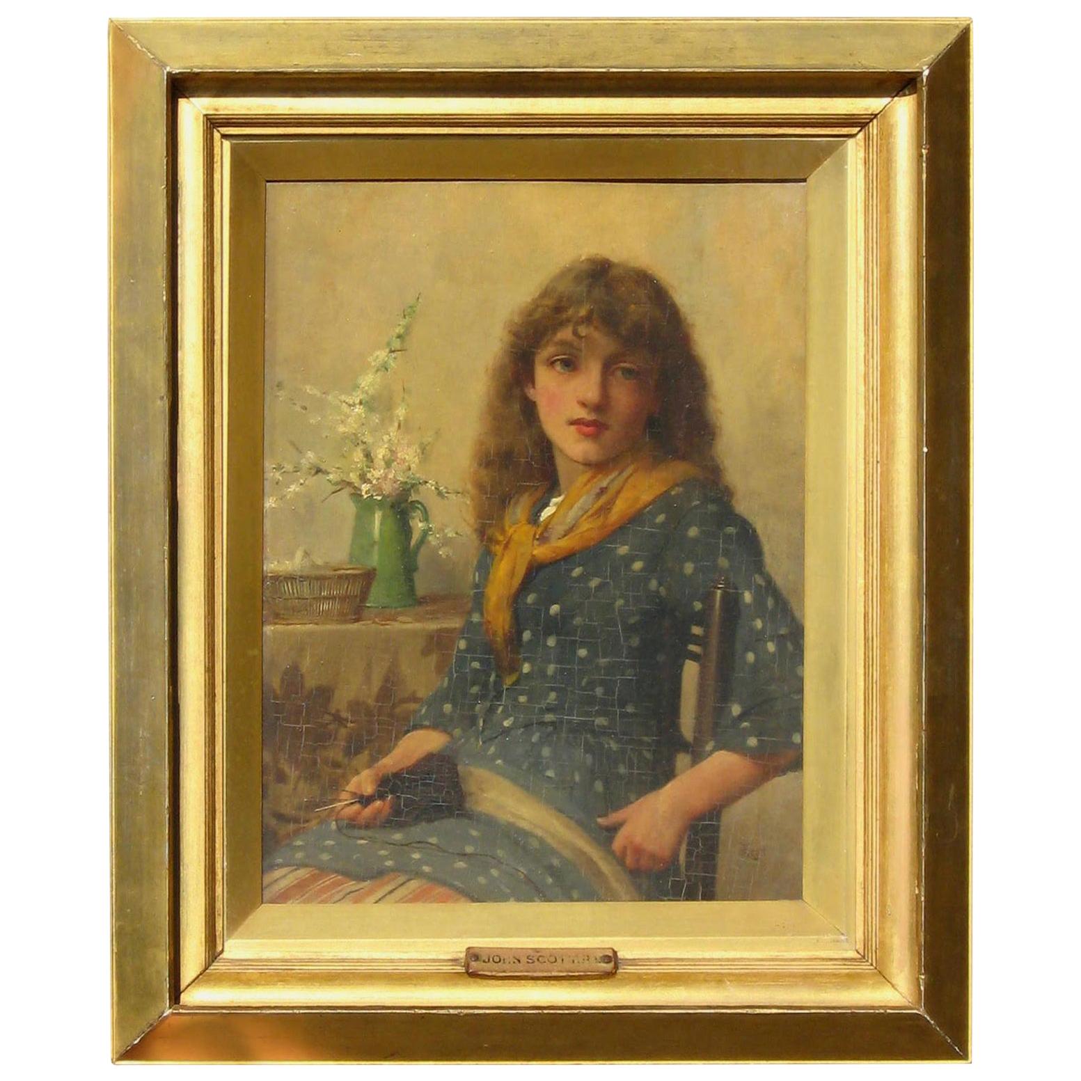 John Scott British Artist Oil on Board, Young Seamstress