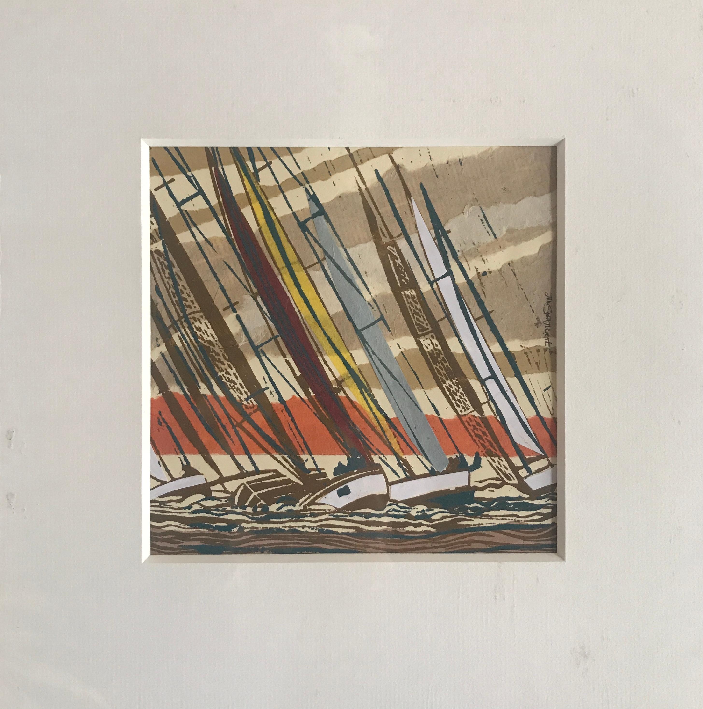 Close Finish, Linolschnittdruck, Segeln, Racing, Meeresrennen – Print von John Scott Martin