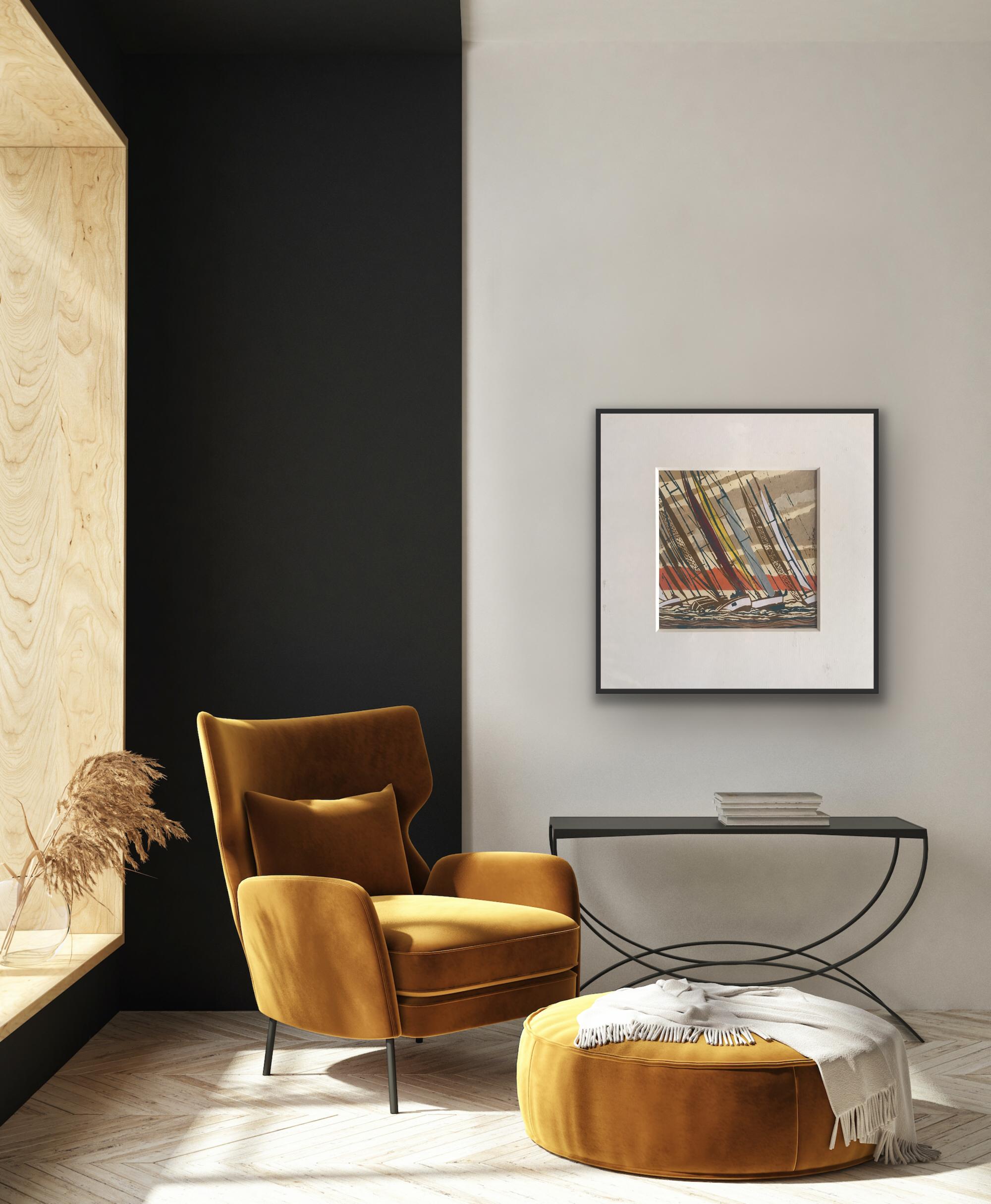 Close Finish, Linolschnittdruck, Segeln, Racing, Meeresrennen (Braun), Interior Print, von John Scott Martin