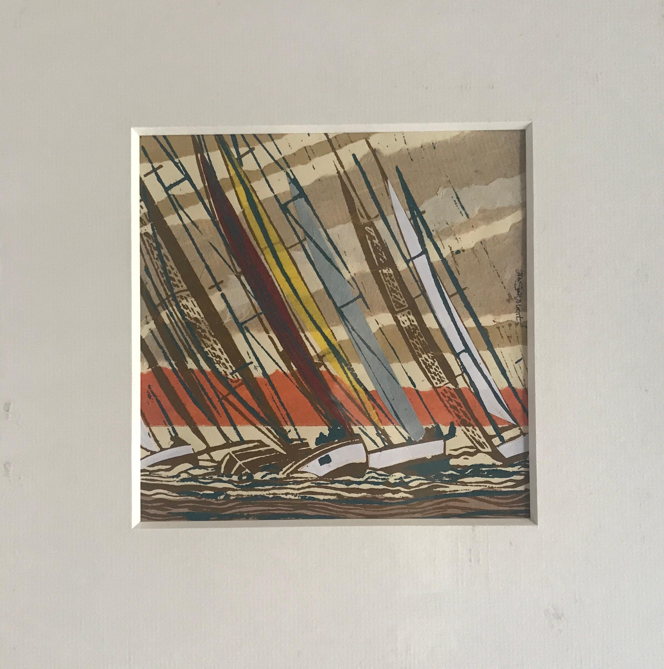 Close Finish, Linolschnittdruck, Segeln, Racing, Meeresrennen im Angebot 3