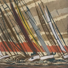 Close Finish, Linocut Print, Sailing, Racing, Sea