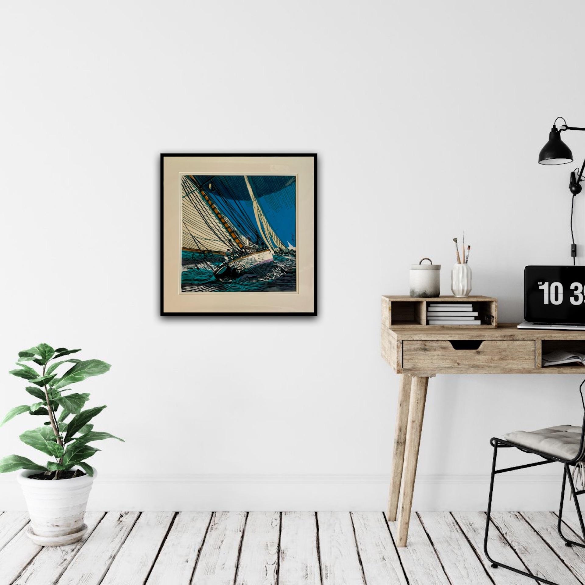 Following Shamrock, John Scott Martin, Original Coastal Sailing Seascape Print For Sale 3