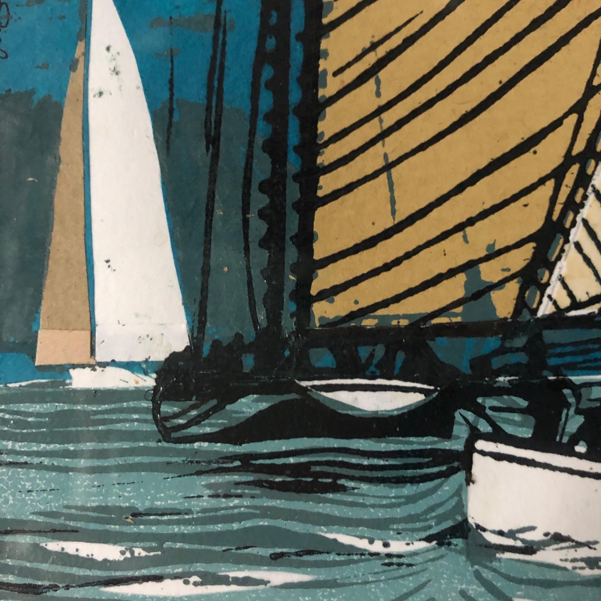 Mariette navega a la luz de la luna, John Scott Martin, Impresión original, Obra de arte marinera en venta 6