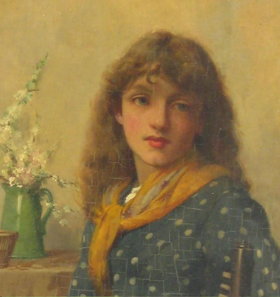 John Scott, artista britannico Olio su tavola, Giovane cucitrice in vendita 2