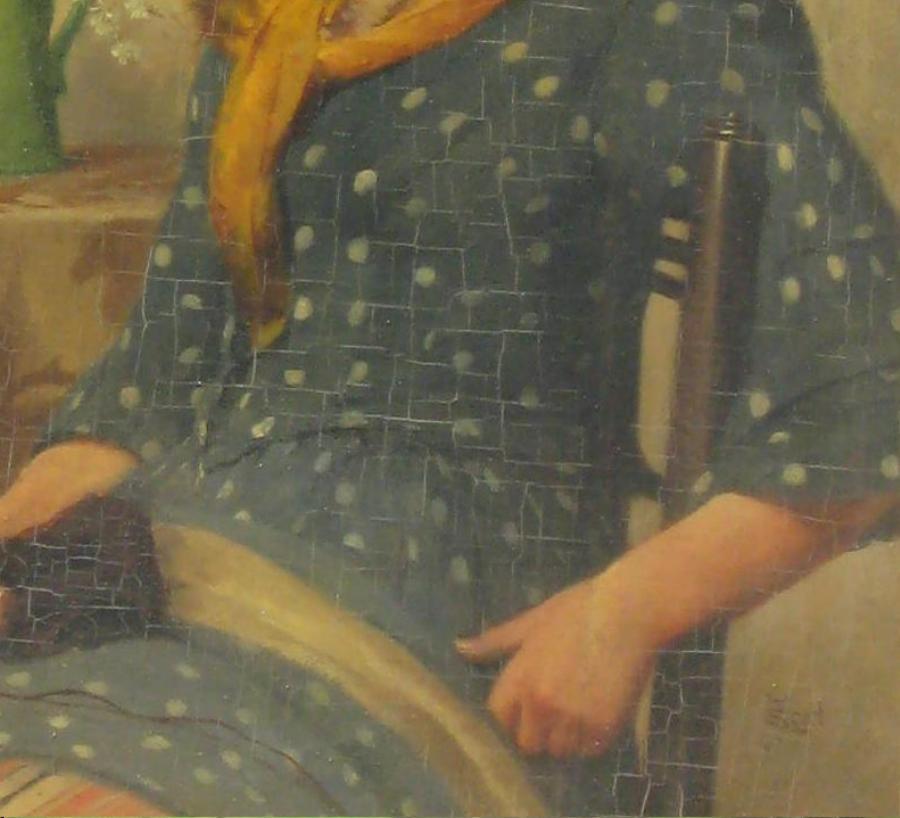 John Scott, artista britannico Olio su tavola, Giovane cucitrice in vendita 3