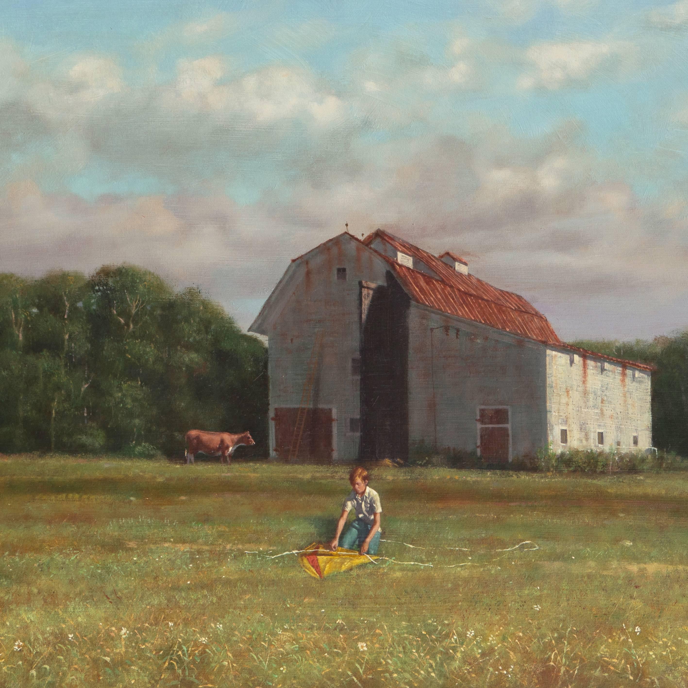 'Rural Childhood', American Realism, Academic oil of a Young Boy with a Kite (Realismus), Painting, von John Semple